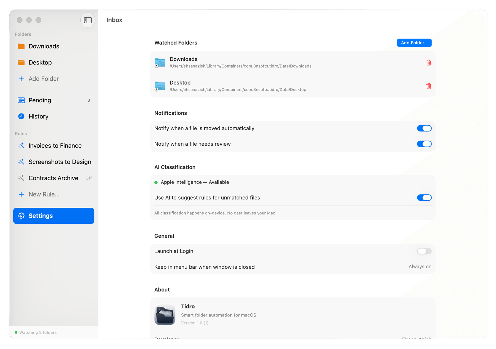 Tidro rule editor sheet with destination folder and automatic toggle
